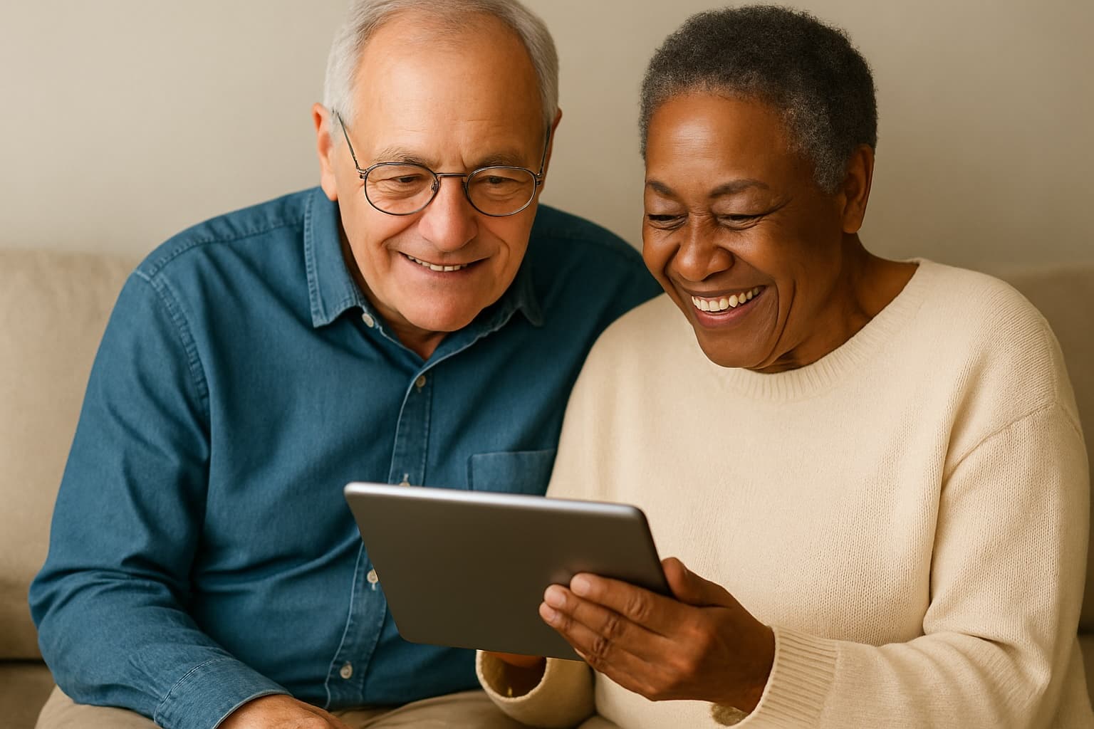 Smiling seniors using a tablet together